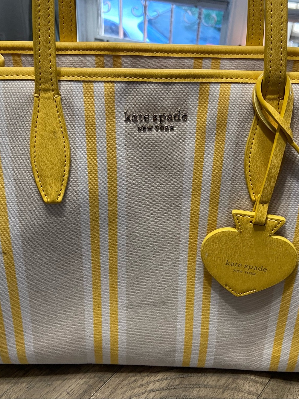 kate spade Yellow and Cream Striped Canvas Tote with Heart Charm
